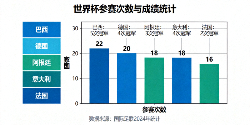 世界杯数据统计可视化图表 - 显示各国家参赛次数与成绩